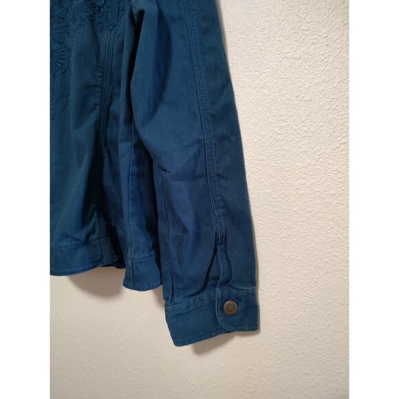 Chicos Size 2 Turquoise Blue Embroidered Long Sleeve Button Front Denim Jacket - Picture 6 of 12